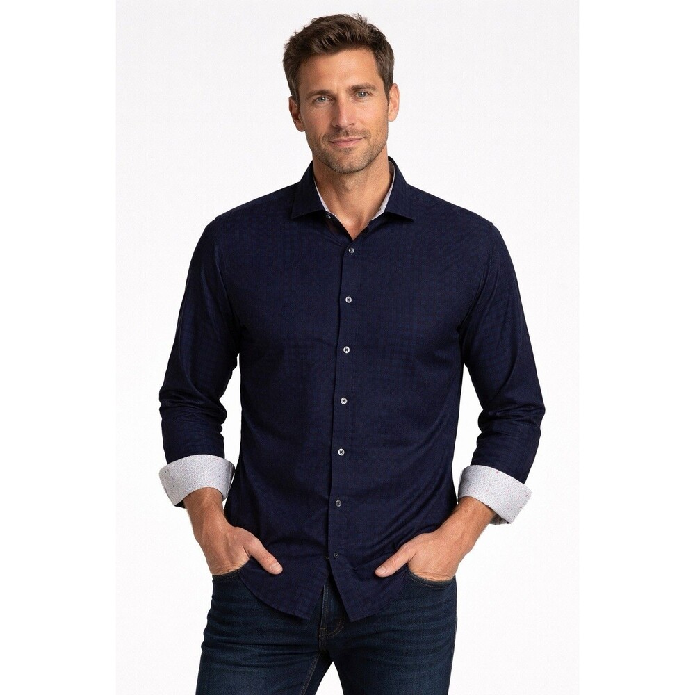 Bugatchi Shirt Men XXL Navy Check Button Down Flip Cuff Stain Cotton Casual